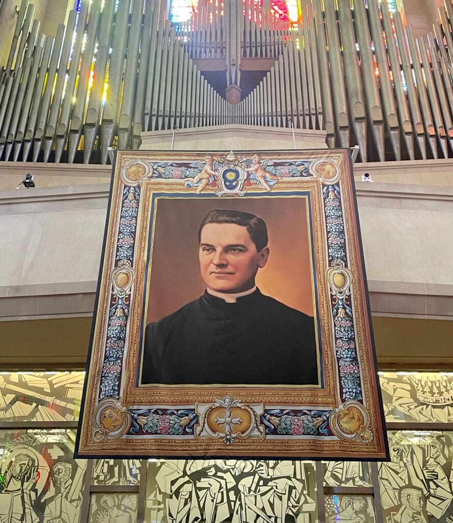This large tapestry portraying Father Michael McGivney was unveiled at his 2020 Beatification ceremony and remains in the sanctuary at the Cathedral of St. Joseph in Hartford.