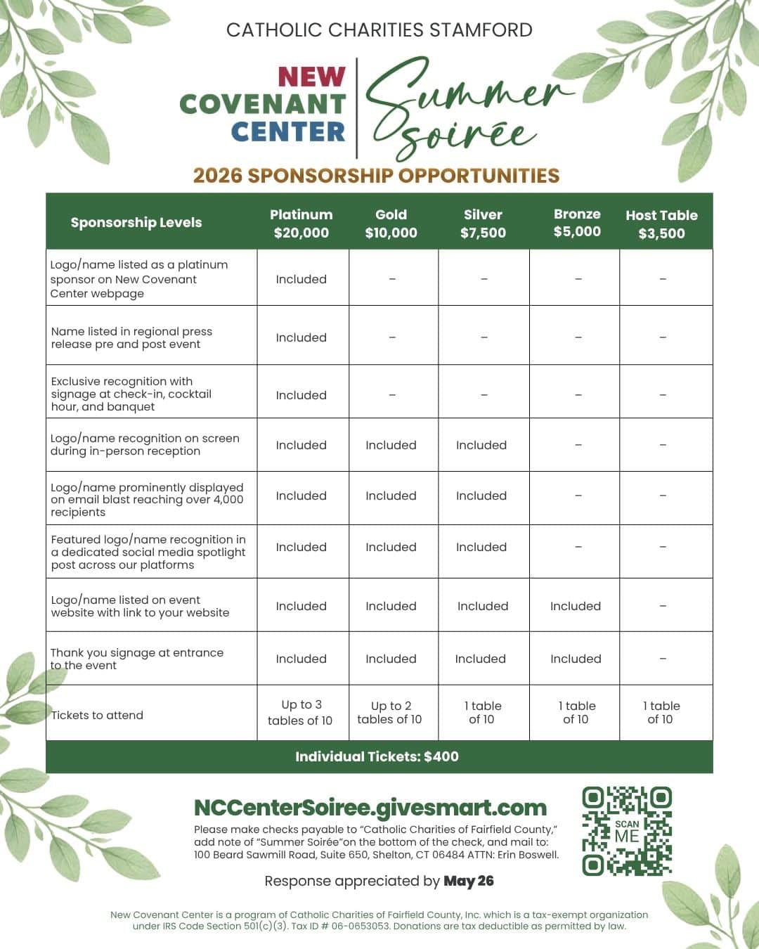 Back side of the New Covenant Center Summer Soirée invitation showing sponsorship opportunities